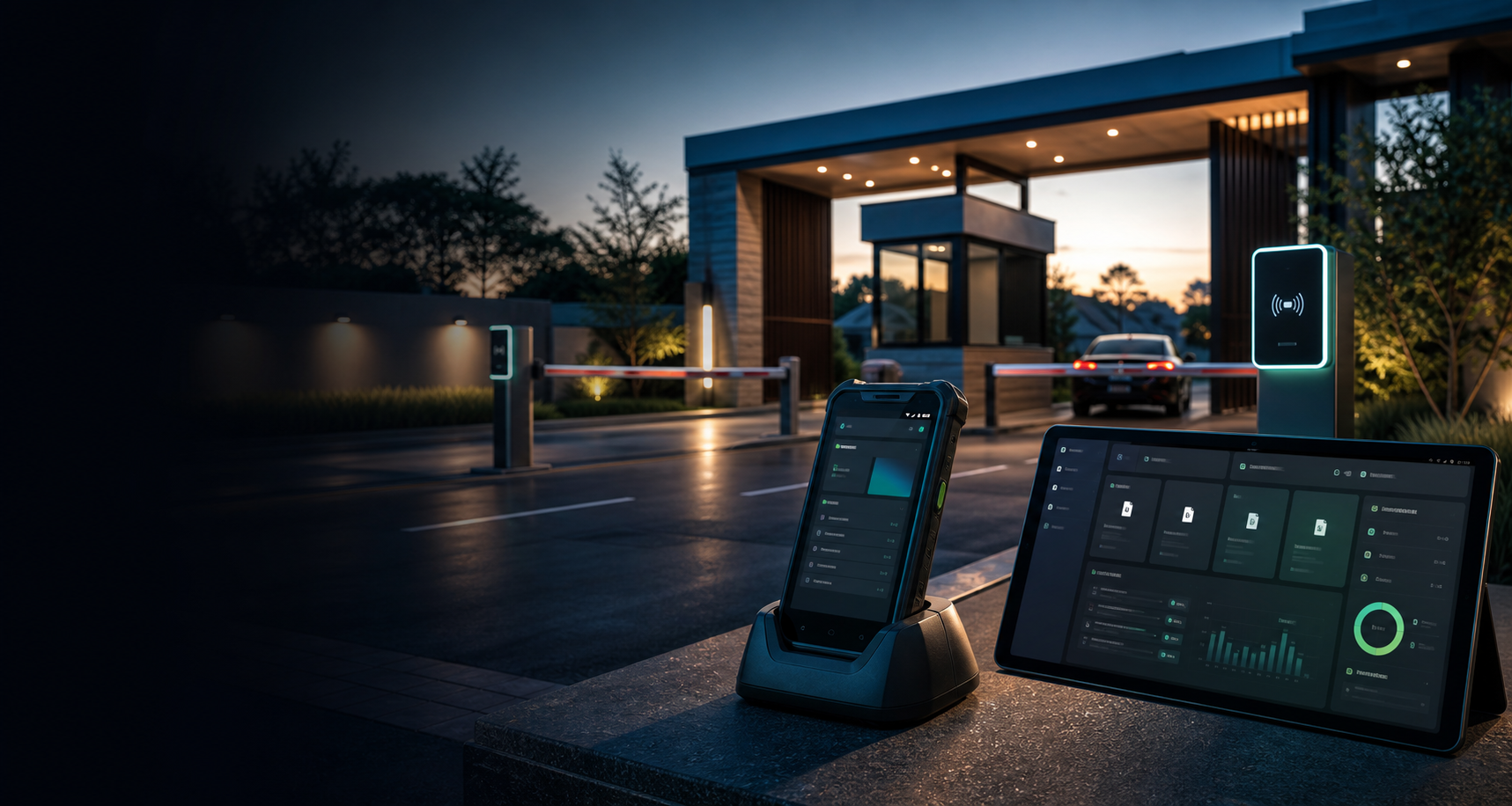 Elite Entry Android MDM and access control dashboard at a secure estate entrance